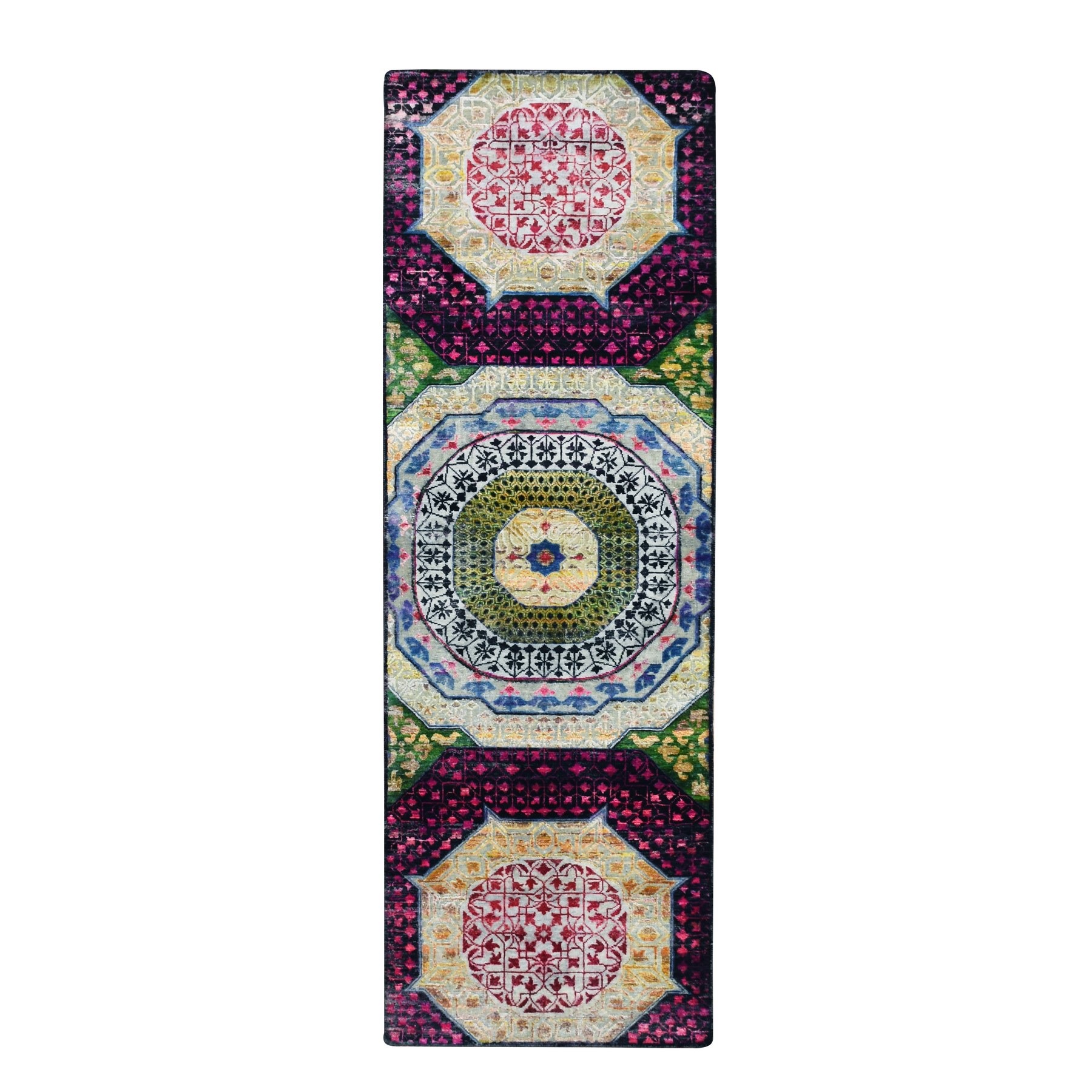 Salsa Red and Yellow, Hand Knotted, Colorful Mamluk Design, Sari Silk with Textured Wool, Runner, Oriental Rug